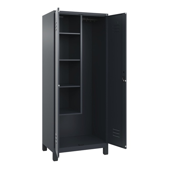 C+P Putzmittelspind Classic PLUS, 1 Abteil, Trennwand mittig, verkürzt, grau, B 800 mm, mit Füßen, Drehriegel