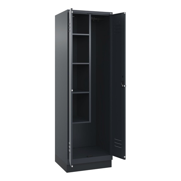 C+P Putzmittelspind Classic PLUS, 1 Abteil, Trennwand mittig, verkürzt, grau, B 600 mm, mit Bodensockel, Drehriegel
