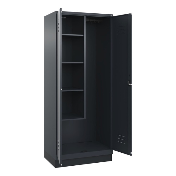 C+P Putzmittelspind Classic PLUS, 1 Abteil, Trennwand mittig, verkürzt, grau, B 800 mm, mit Bodensockel, Zylinderschloss