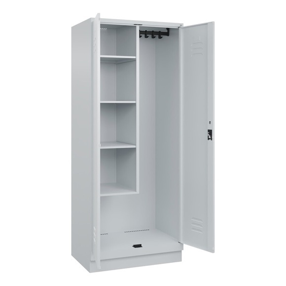 C+P Putzmittelspind Classic PLUS, 1 Abteil, Trennwand mittig, verkürzt, lichtgrau, B 800 mm, mit Bodensockel, Zylinderschloss