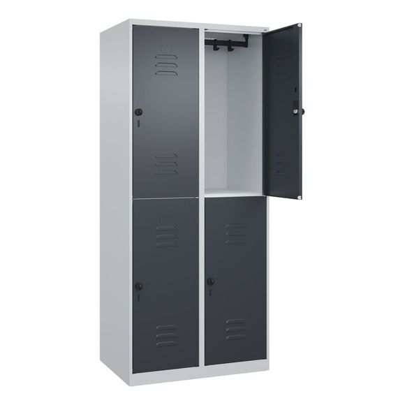 C+P Doppelstock-Spind Classic PLUS, 2 Abteile, lichtgrau / grau, HxB 1850 x 800 mm, mit Bodengleitern, Drehriegel