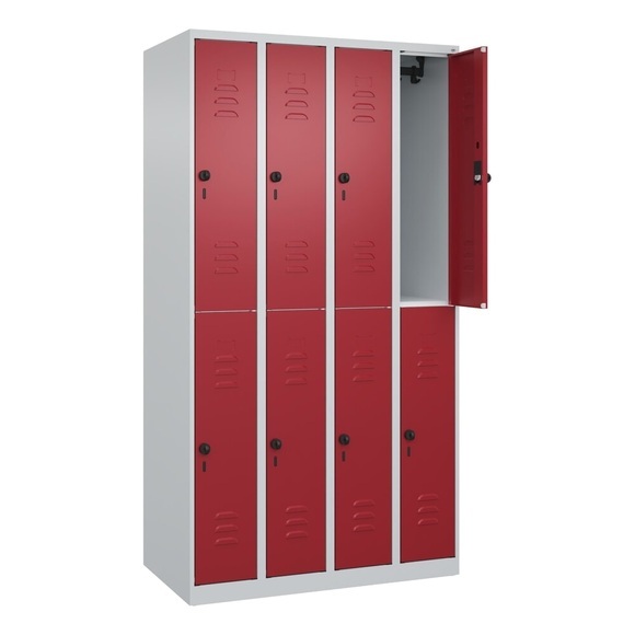 C+P Doppelstock-Spind Classic PLUS, 4 Abteile, HxBxT 1.850 x 1.000 x 500 mm, lichtgrau, rubinrot, für Vorhängeschloss, 8 Fächer