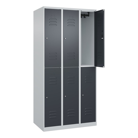 C+P Doppelstock-Spind Classic PLUS, 3 Abteile, lichtgrau / grau, HxB 1850 x 900 mm, mit Bodengleitern, Zylinderschloss