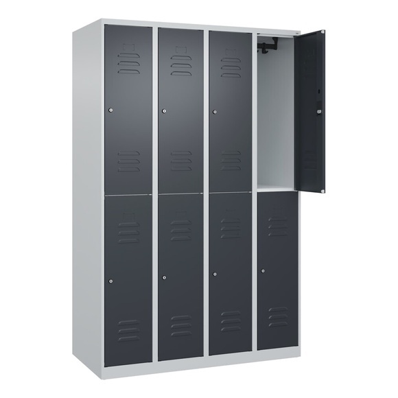 C+P Doppelstock-Spind Classic PLUS, 4 Abteile, lichtgrau / grau, HxB 1850 x 1200 mm, mit Bodengleitern, Zylinderschloss