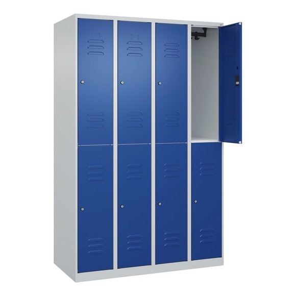 C+P Doppelstock-Spind Classic PLUS, 4 Abteile, lichtgrau / enzianblau, HxB 1850 x 1200 mm, mit Bodengleitern, Zylinderschloss