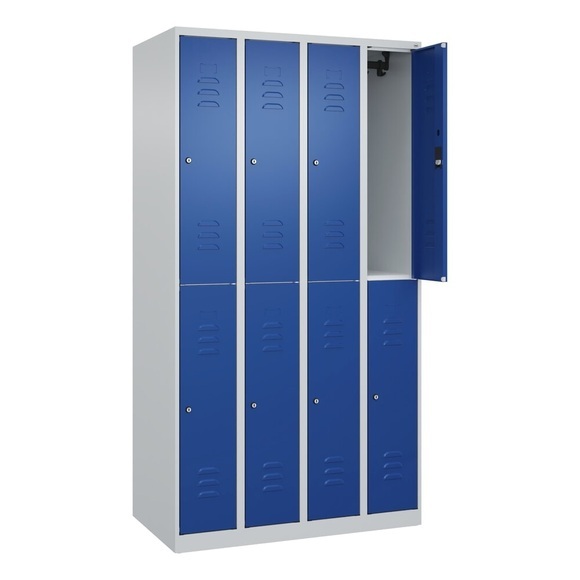 C+P Doppelstock-Spind Classic PLUS, 4 Abteile, HxBxT 1.850 x 1.000 x 500 mm, lichtgrau, enzianblau, Zylinderschloss, 8 Fächer