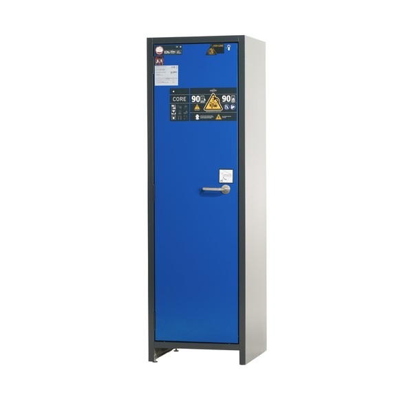 asecos® Akku-Sicherheitsschrank Typ 90 für Lithium-Ionen-Batterien ION-CORE-STORE, HxBxT 1.953 x 599 x 615 mm, 5x isolierte Fachböden, 1x Bodenauffangwanne