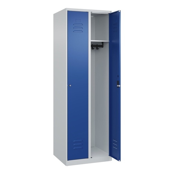 C+P Spind Classic PLUS, 2 Abteile, lichtgrau / enzianblau, B 600 mm, mit Bodengleitern, Zylinderschloss