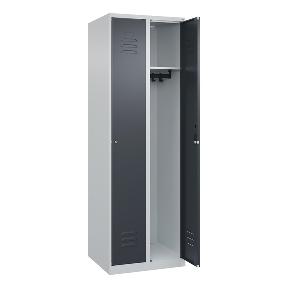 C+P Spind Classic PLUS, 2 Abteile, lichtgrau / grau, B 600 mm, mit Bodengleitern, Zylinderschloss