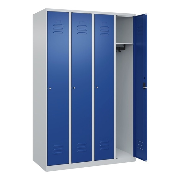 C+P Spind Classic PLUS, 4 Abteile, lichtgrau / enzianblau, B 1200 mm, mit Bodengleitern, Zylinderschloss