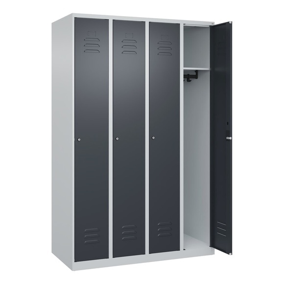 C+P Spind Classic PLUS, 4 Abteile, lichtgrau / grau, B 1200 mm, mit Bodengleitern, Zylinderschloss