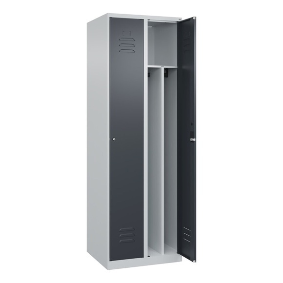 C+P Spind Classic PLUS, 2 Abteile, lichtgrau / grau, B 600 mm, mit Bodengleitern, Zylinderschloss, Trennwand mittig