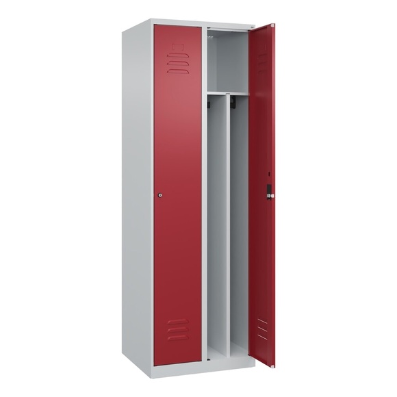 C+P Spind Classic PLUS, 2 Abteile, HxBxT 1.850 x 600 x 500 mm, lichtgrau, rubinrot, Zylinderschloss, mit Mitteltrennwand