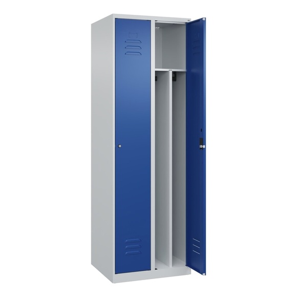 C+P Spind Classic PLUS, 2 Abteile, lichtgrau / enzianblau, B 600 mm, mit Bodengleitern, Zylinderschloss, Trennwand mittig