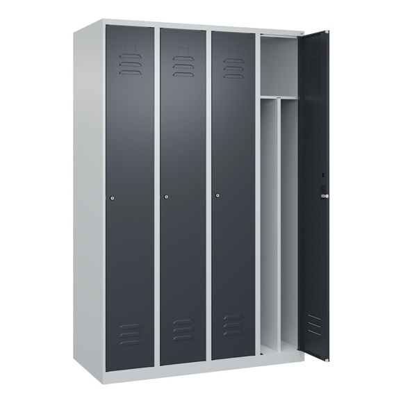 C+P Spind Classic PLUS, 4 Abteile, lichtgrau / grau, B 1200 mm, mit Bodengleitern, Zylinderschloss, Trennwand mittig