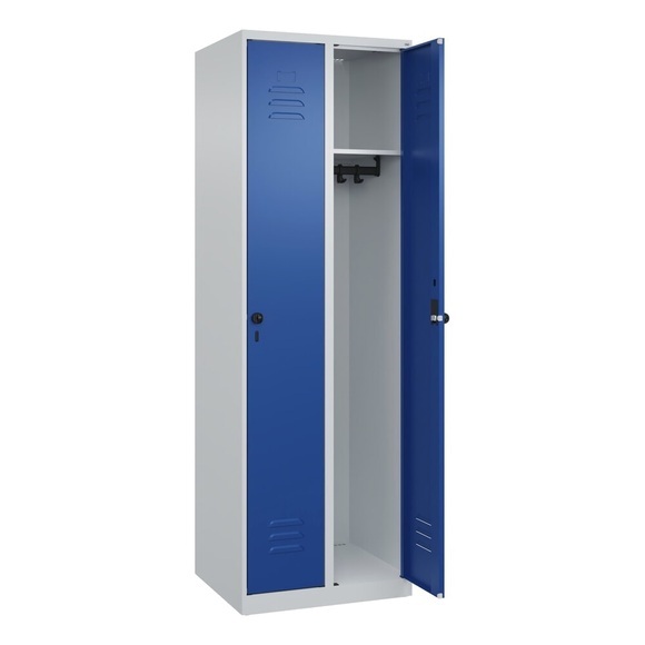 C+P Spind Classic PLUS, 2 Abteile, lichtgrau / enzianblau, B 600 mm, mit Bodengleitern, Drehriegel