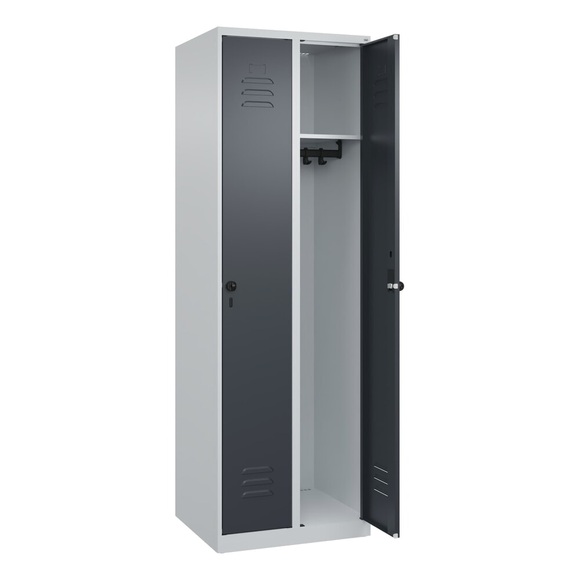 C+P Spind Classic PLUS, 2 Abteile, lichtgrau / grau, B 600 mm, mit Bodengleitern, Drehriegel