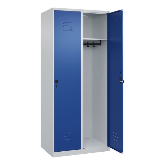 C+P Spind Classic PLUS, 2 Abteile, lichtgrau / enzianblau, B 800 mm, mit Bodengleitern, Drehriegel