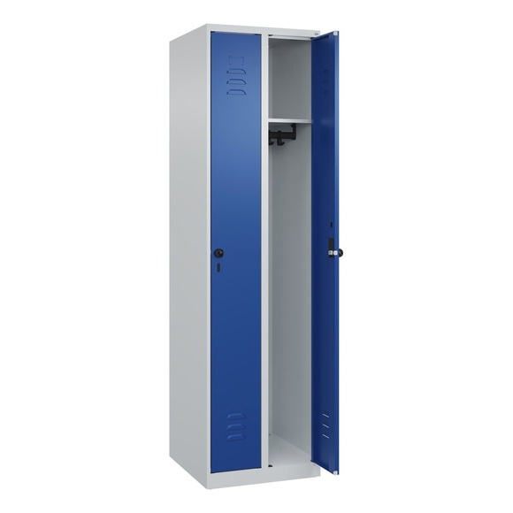 C+P Spind Classic PLUS, 2 Abteile, HxBxT 1.850 x 500 x 500 mm, lichtgrau, enzianblau, für Vorhängeschloss, ohne Mitteltrennwand