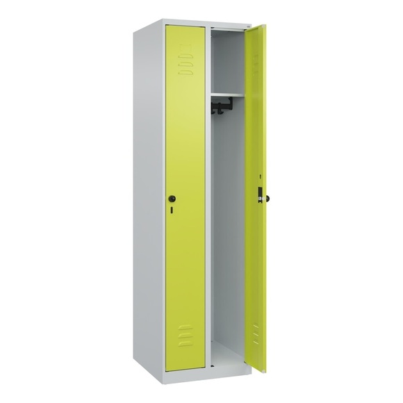 C+P Spind Classic PLUS, 2 Abteile, HxBxT 1.850 x 500 x 500 mm, lichtgrau, clowngrün, für Vorhängeschloss, ohne Mitteltrennwand