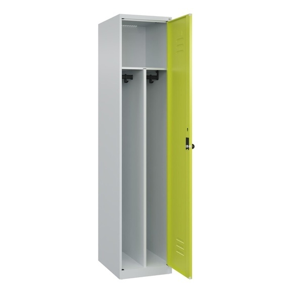 C+P Spind Classic PLUS, 1 Abteil, HxBxT 1.850 x 400 x 500 mm, lichtgrau, clowngrün, für Vorhängeschloss, mit Mitteltrennwand