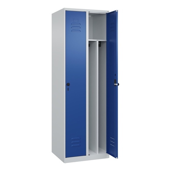 C+P Spind Classic PLUS, 2 Abteile, lichtgrau / enzianblau, B 600 mm, mit Bodengleitern, Drehriegel, Trennwand mittig
