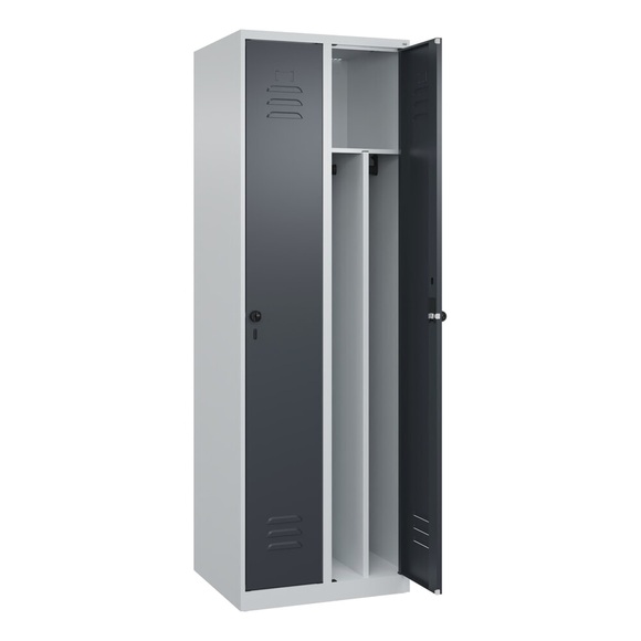 C+P Spind Classic PLUS, 2 Abteile, lichtgrau / grau, B 600 mm, mit Bodengleitern, Drehriegel, Trennwand mittig