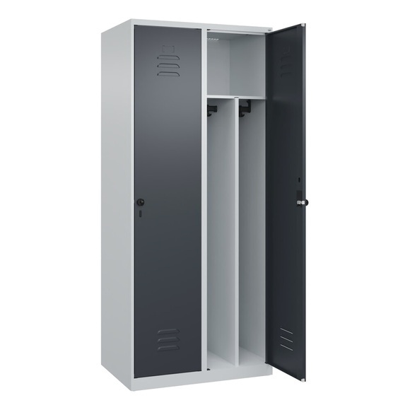 C+P Spind Classic PLUS, 2 Abteile, lichtgrau / grau, B 800 mm, mit Bodengleitern, Drehriegel, Trennwand mittig