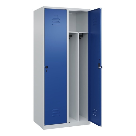 C+P Spind Classic PLUS, 2 Abteile, lichtgrau / enzianblau, B 800 mm, mit Bodengleitern, Drehriegel, Trennwand mittig
