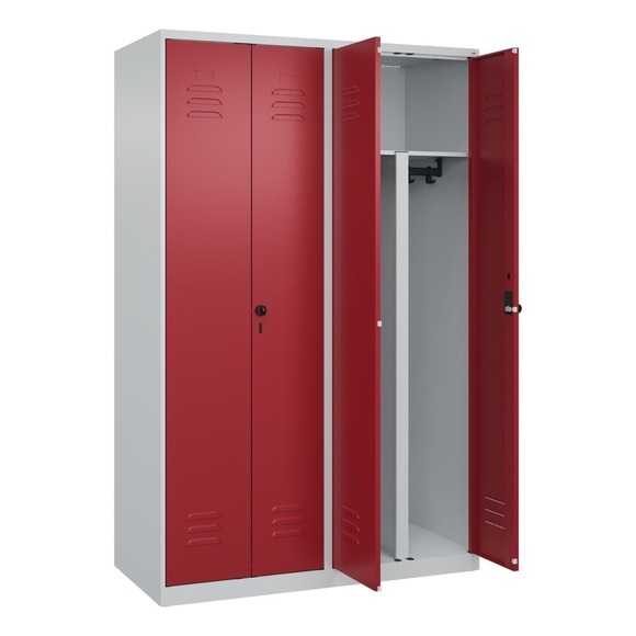 C+P PSA Doppel-Spind Classic PLUS, 4 Abteile, HxBxT 1.850 x 1.200 x 500 mm, lichtgrau, rubinrot, für Vorhängeschloss
