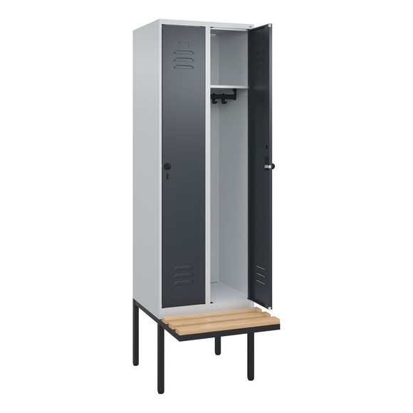 C+P Spind Classic PLUS Sitzbank, 2 Abteile, lichtgrau / grau, B 600 mm, Sicherheits-Drehriegel, auskragend, Buche-Hartholz