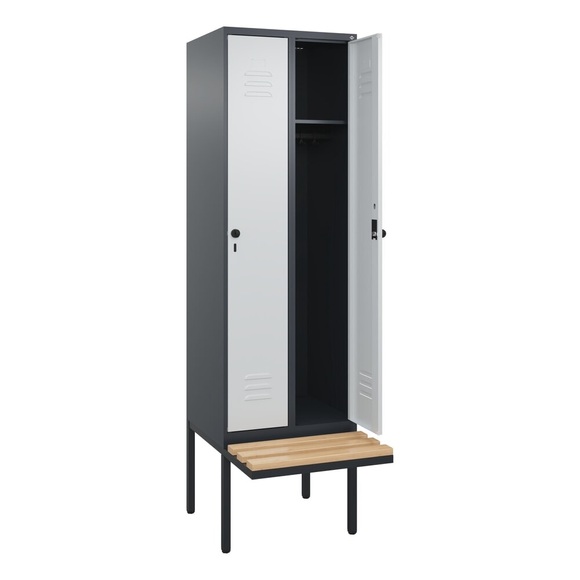 C+P Spind Classic PLUS, 2 Abteile, HxBxT 2.120 x 600 x 815 mm, für Vorhängeschloss, auskragende Bank aus Buche, anthrazitgrau, lichtgrau