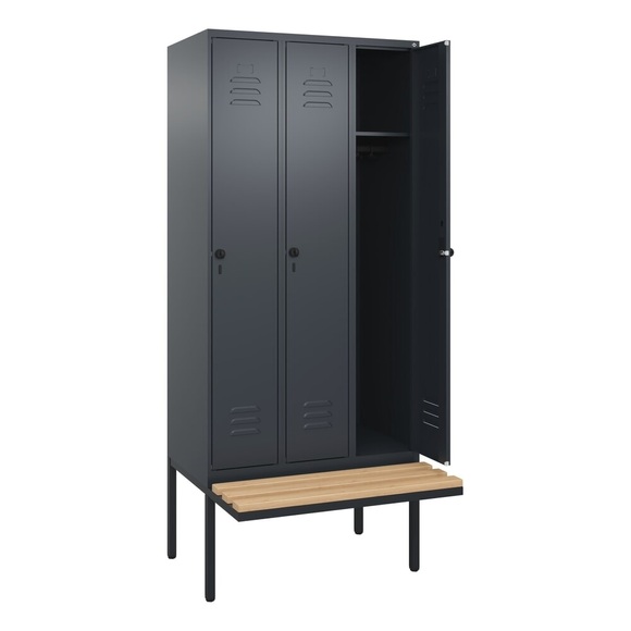 C+P Spind Classic PLUS Sitzbank, 3 Abteile, grau, B 900 mm, Sicherheits-Drehriegel, auskragend, Buche-Hartholz