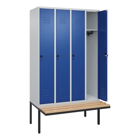 C+P Spind Classic PLUS Sitzbank, 4 Abteile, lichtgrau / enzianblau, B 1200 mm, Sicherheits-Drehriegel, auskragend, Buche-Hartholz