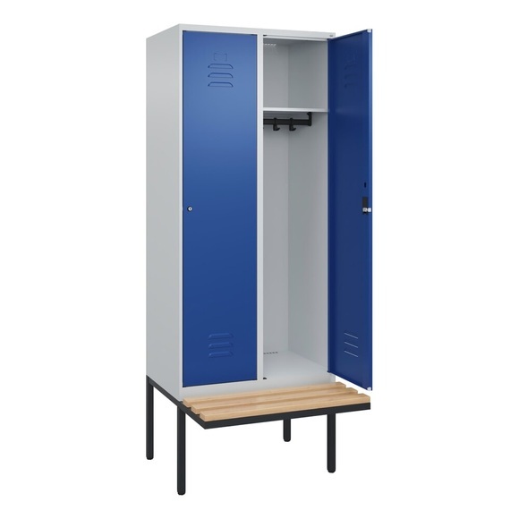 C+P Spind Classic PLUS Sitzbank, 2 Abteile, lichtgrau / enzianblau, B 800 mm, Zylinderschloss, auskragend, Buche-Hartholz