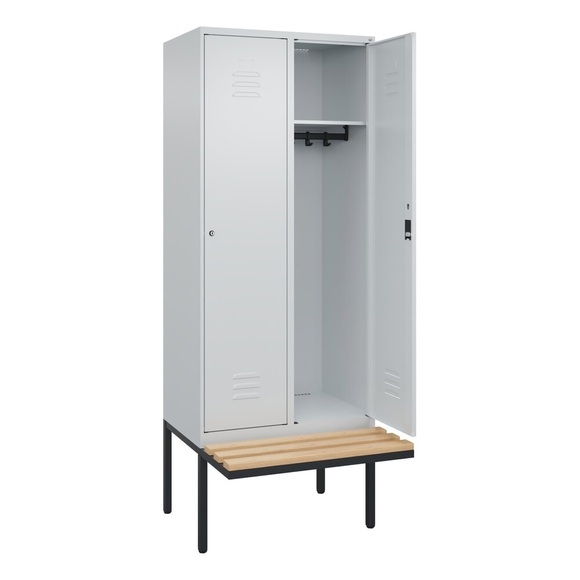 C+P Spind Classic PLUS Sitzbank, 2 Abteile, lichtgrau, B 800 mm, Zylinderschloss, auskragend, Buche-Hartholz