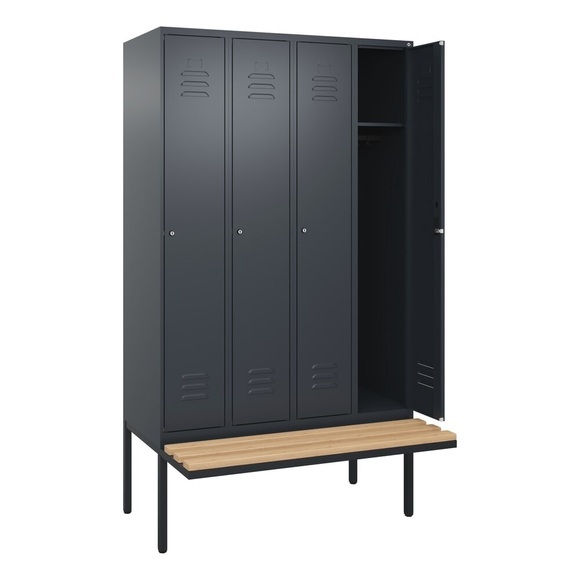 C+P Spind Classic PLUS Sitzbank, 4 Abteile, grau, B 1200 mm, Zylinderschloss, auskragend, Buche-Hartholz