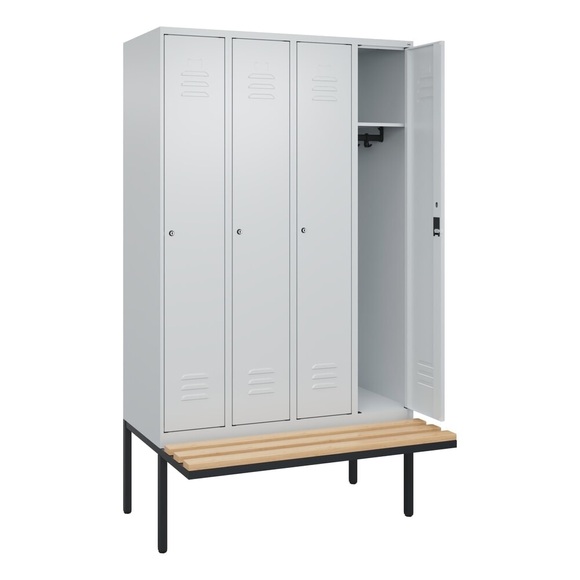 C+P Spind Classic PLUS Sitzbank, 4 Abteile, lichtgrau, B 1200 mm, Zylinderschloss, auskragend, Buche-Hartholz