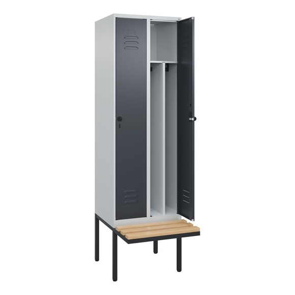 C+P Spind Classic PLUS Sitzbank, 2 Abteile, mittig, lichtgrau / grau, B 600 mm, Sicherheits-Drehriegel, auskragend, Buche-Hartholz