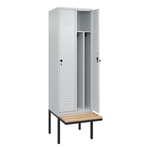 C+P Spind Classic PLUS Sitzbank, 2 Abteile, mittig, lichtgrau, B 600 mm, Sicherheits-Drehriegel, auskragend, Buche-Hartholz