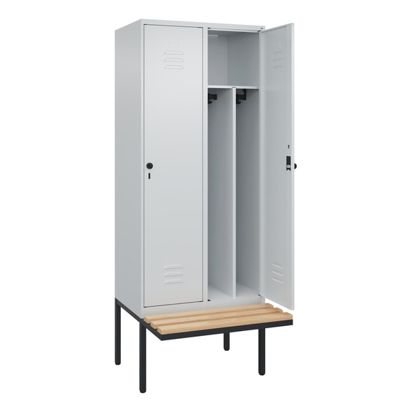 C+P Spind Classic PLUS Sitzbank, 2 Abteile, mittig, lichtgrau, B 800 mm, Sicherheits-Drehriegel, auskragend, Buche-Hartholz