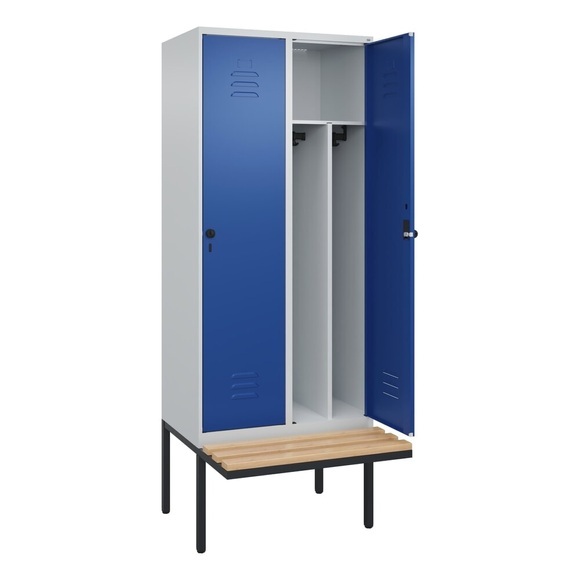 C+P Spind Classic PLUS Sitzbank, 2 Abteile, mittig, lichtgrau / enzianblau, B 800 mm, Sicherheits-Drehriegel, auskragend, Buche-Hartholz