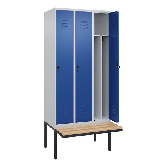 C+P Spind Classic PLUS Sitzbank, 3 Abteile, mittig, lichtgrau / enzianblau, B 900 mm, Sicherheits-Drehriegel, auskragend, Buche-Hartholz