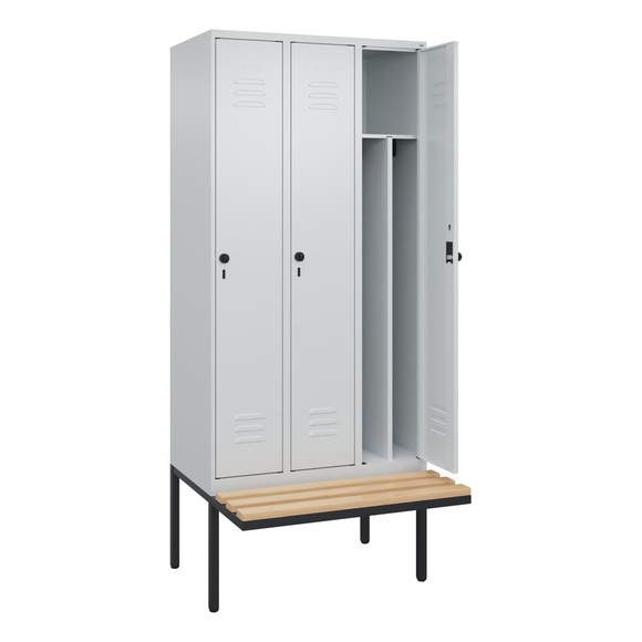 C+P Spind Classic PLUS Sitzbank, 3 Abteile, mittig, lichtgrau, B 900 mm, Sicherheits-Drehriegel, auskragend, Buche-Hartholz