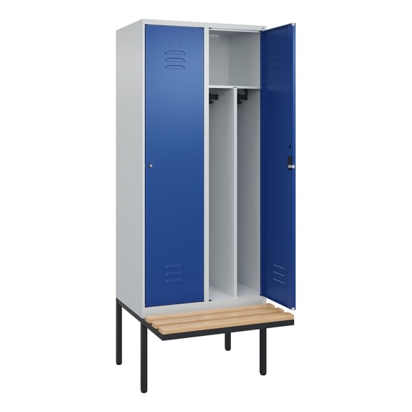 C+P Spind Classic PLUS Sitzbank, 2 Abteile, mittig, lichtgrau / enzianblau, B 800 mm, Zylinderschloss, auskragend, Buche-Hartholz
