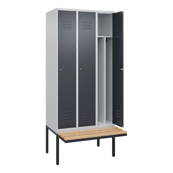 C+P Spind Classic PLUS Sitzbank, 3 Abteile, mittig, lichtgrau / grau, B 900 mm, Zylinderschloss, auskragend, Buche-Hartholz