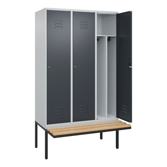 C+P Spind Classic PLUS Sitzbank, 3 Abteile, mittig, lichtgrau / grau, B 1200 mm, Zylinderschloss, auskragend, Buche-Hartholz