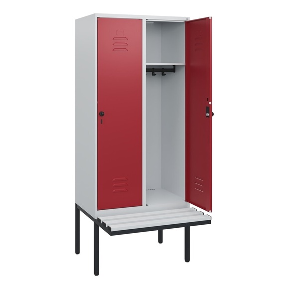 C+P Spind Classic PLUS, 2 Abteile, HxBxT 1.950 x 800 x 815 mm, für Vorhängeschloss, auskragende Bank aus Kunststoff, lichtgrau, rubinrot