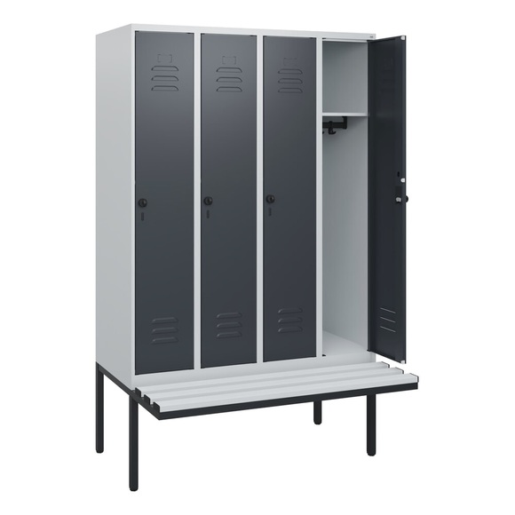 C+P Spind Classic PLUS, 4 Abteile, HxBxT 1.950 x 1.200 x 815 mm, für Vorhängeschloss, auskragende Bank aus Kunststoff, lichtgrau, anthrazitgrau