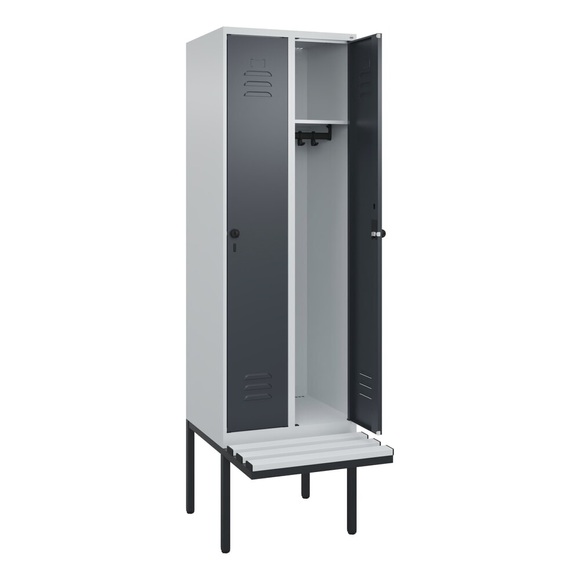 C+P Spind Classic PLUS Sitzbank, 2 Abteile, lichtgrau / grau, B 600 mm, Sicherheits-Drehriegel, auskragend, Kunststoff